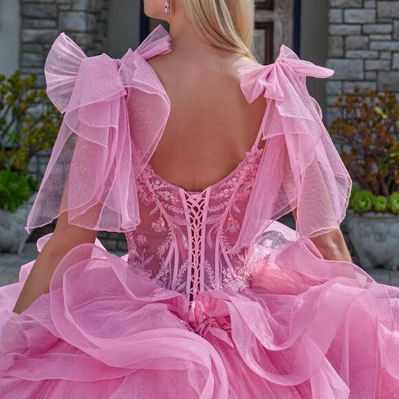 New Pink Dazzling Rhinestones Embellished Ruffled Quinceanera Tulle Gown GL3804 - Picture 10 of 14